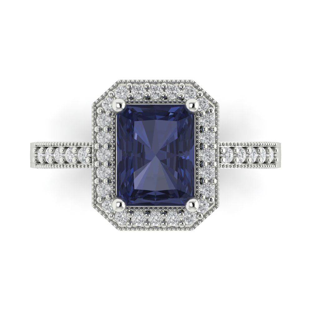 2.78 cttw Simulated Blue Sapphire Hidden Halo Engagement Ring - Solid Gold (Emerald Cut,8.5x6.5mm)