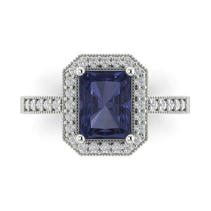 2.78 cttw Simulated Blue Sapphire Hidden Halo Engagement Ring - Solid Gold (Emerald Cut,8.5x6.5mm)