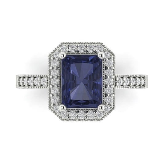 2.78 cttw Simulated Blue Sapphire Hidden Halo Engagement Ring - Solid White Gold (VVS1, Emerald Cut,8.5x6.5mm)