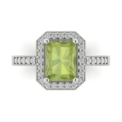 2.78 cttw Natural Peridot Hidden Halo Engagement Ring - Solid White Gold (VVS1, Emerald Cut,8.5x6.5mm)