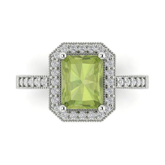 2.78 cttw Natural Peridot Hidden Halo Engagement Ring - Solid White Gold (VVS1, Emerald Cut,8.5x6.5mm)