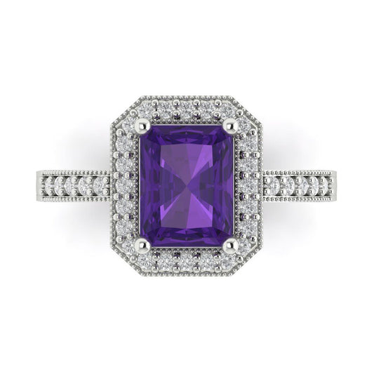2.78 cttw Natural Amethyst Hidden Halo Engagement Ring - Solid White Gold (VVS1, Emerald Cut,8.5x6.5mm)