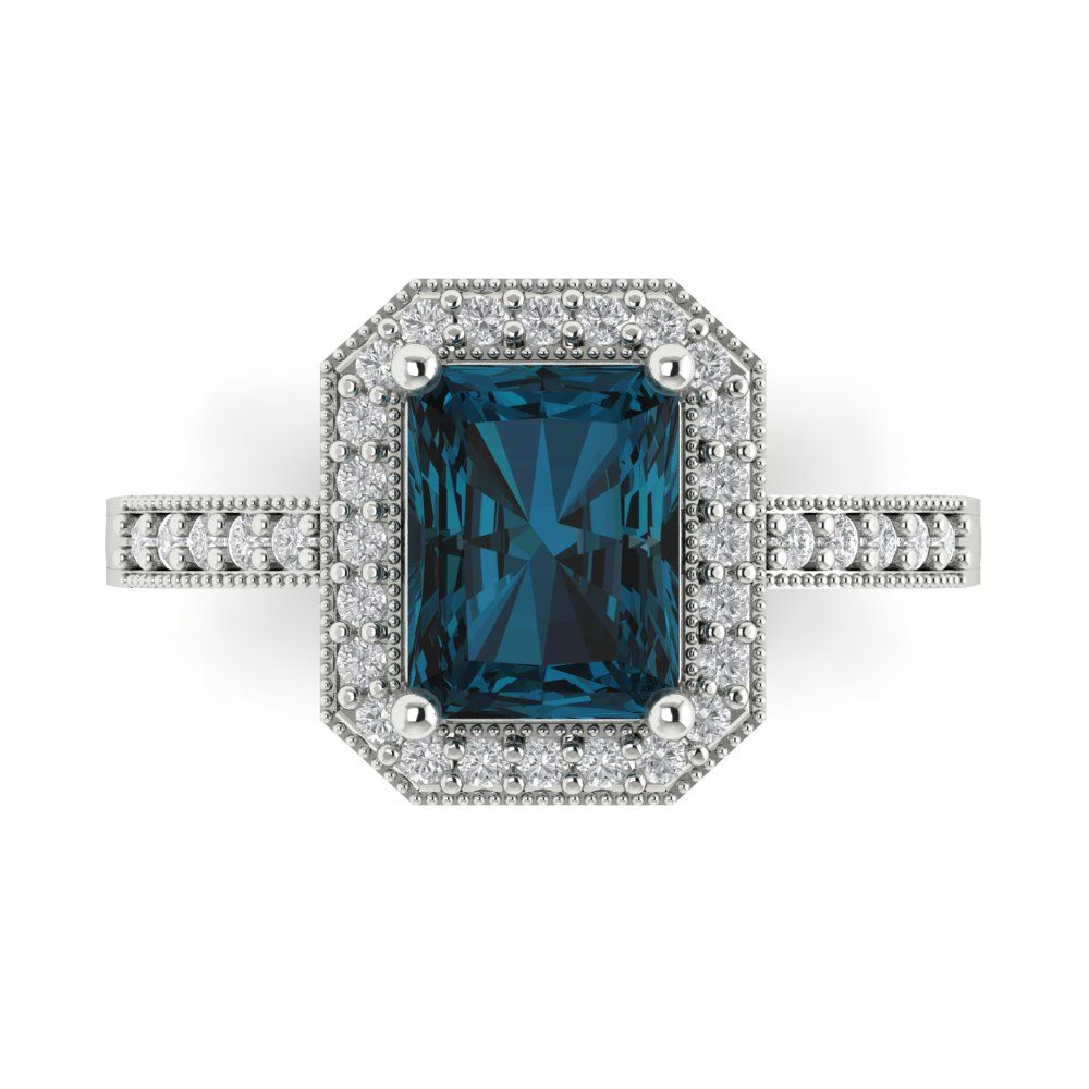 2.78 cttw Natural London Blue Topaz Hidden Halo Engagement Ring - Solid White Gold (VVS1, Emerald Cut,8.5x6.5mm)