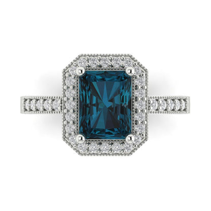 2.78 cttw Natural London Blue Topaz Hidden Halo Engagement Ring - Solid White Gold (VVS1, Emerald Cut,8.5x6.5mm)