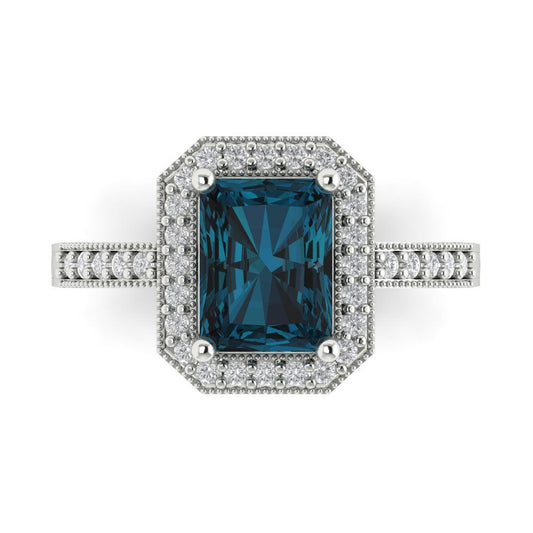 2.78 cttw Natural London Blue Topaz Hidden Halo Engagement Ring - Solid White Gold (VVS1, Emerald Cut,8.5x6.5mm)