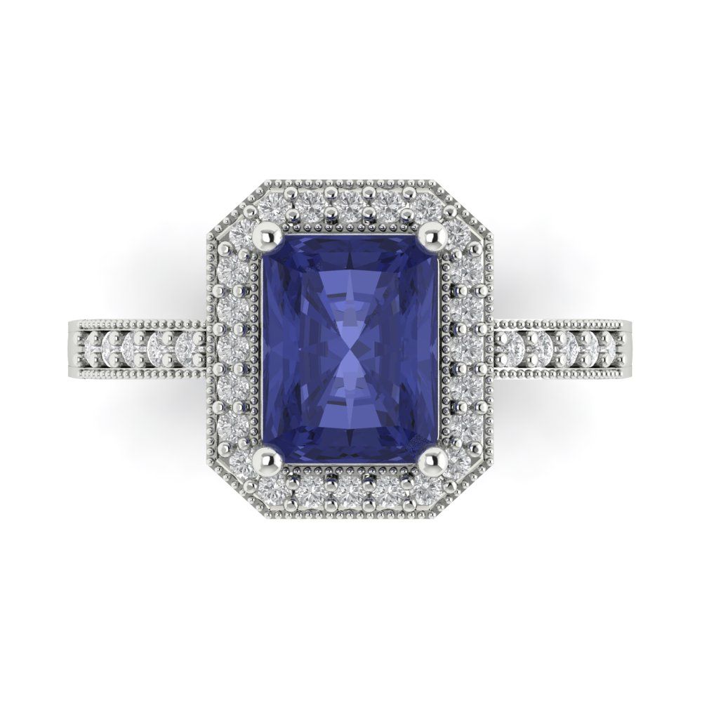 2.78 cttw Simulated Tanzanite Hidden Halo Engagement Ring - Solid Gold (Emerald Cut,8.5x6.5mm)