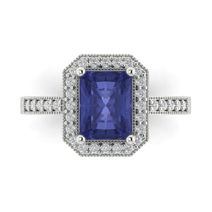 2.78 cttw Simulated Tanzanite Hidden Halo Engagement Ring - Solid Gold (Emerald Cut,8.5x6.5mm)