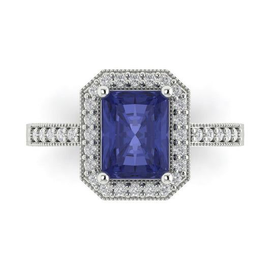 2.78 cttw Simulated Tanzanite Hidden Halo Engagement Ring - Solid White Gold (VVS1, Emerald Cut,8.5x6.5mm)