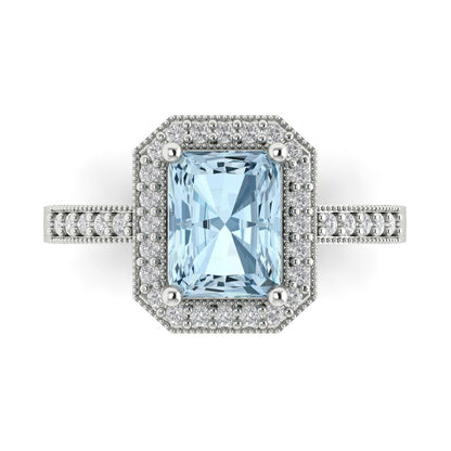 2.78 cttw Zirconia Simulated Blue Diamond Hidden Halo Engagement Ring - Solid White Gold (VVS1, Emerald Cut,8.5x6.5mm)