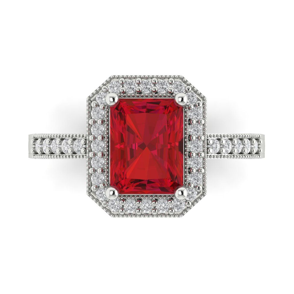 2.78 cttw Simulated Ruby Hidden Halo Engagement Ring - Solid White Gold (VVS1, Emerald Cut,8.5x6.5mm)