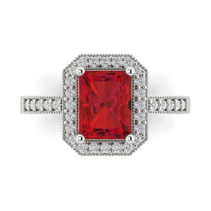 2.78 cttw Simulated Ruby Hidden Halo Engagement Ring - Solid White Gold (VVS1, Emerald Cut,8.5x6.5mm)