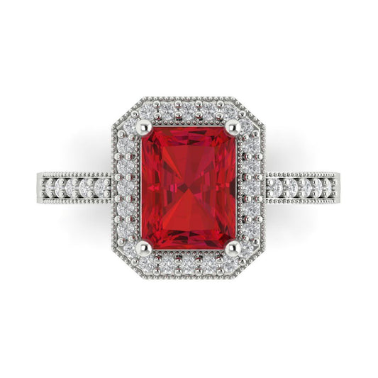 2.78 cttw Simulated Ruby Hidden Halo Engagement Ring - Solid White Gold (VVS1, Emerald Cut,8.5x6.5mm)