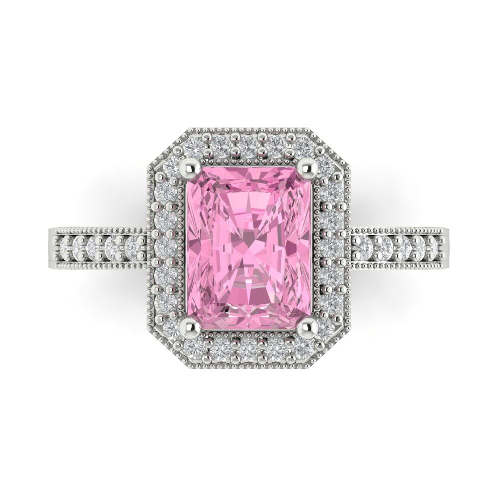 2.78 cttw Zirconia Simulated Pink Diamond Hidden Halo Engagement Ring - Solid White Gold (VVS1, Emerald Cut,8.5x6.5mm)