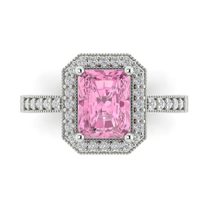 2.78 cttw Zirconia Simulated Pink Diamond Hidden Halo Engagement Ring - Solid White Gold (VVS1, Emerald Cut,8.5x6.5mm)