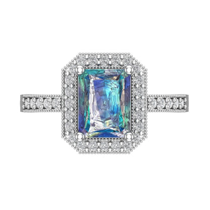 2.78 cttw Blue Moissanite Hidden Halo Engagement Ring - Solid Gold (Emerald Cut,8.5x6.5mm)