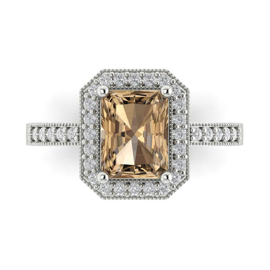 2.78 cttw Zirconia Simulated Champagne Diamond Hidden Halo Engagement Ring - Solid White Gold (VVS1, Emerald Cut,8.5x6.5mm)