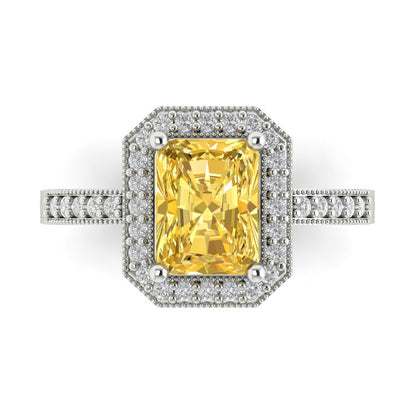2.78 cttw Zirconia Simulated Yellow Diamond Hidden Halo Engagement Ring - Solid White Gold (VVS1, Emerald Cut,8.5x6.5mm)