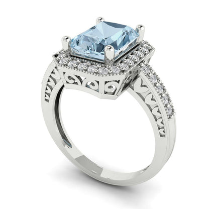 2.78 cttw Zirconia Simulated Blue Diamond Hidden Halo Engagement Ring - Solid White Gold (VVS1, Emerald Cut,8.5x6.5mm)