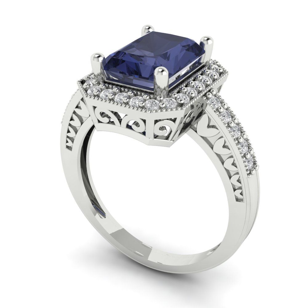 2.78 cttw Simulated Blue Sapphire Hidden Halo Engagement Ring - Solid Gold (Emerald Cut,8.5x6.5mm)
