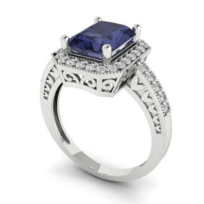 2.78 cttw Simulated Blue Sapphire Hidden Halo Engagement Ring - Solid Gold (Emerald Cut,8.5x6.5mm)