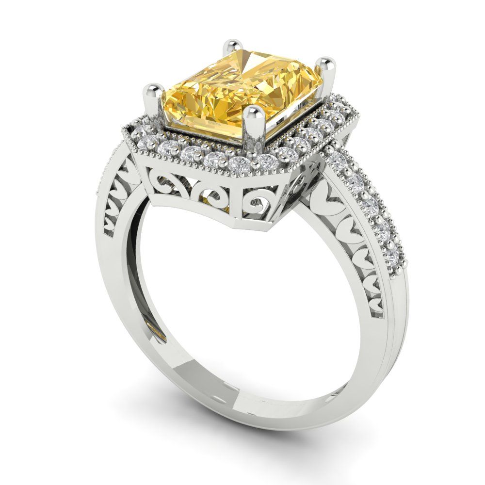 2.78 cttw Zirconia Simulated Yellow Diamond Hidden Halo Engagement Ring - Solid White Gold (VVS1, Emerald Cut,8.5x6.5mm)