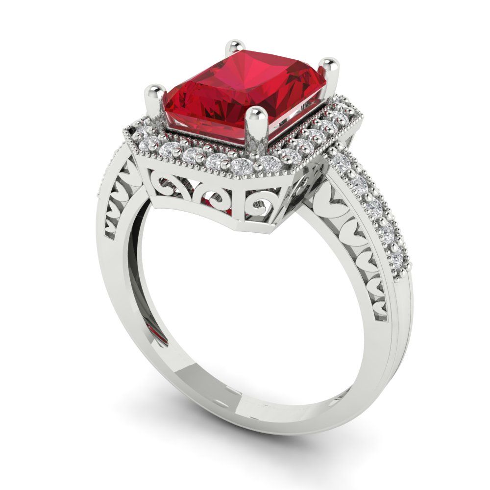 2.78 cttw Simulated Ruby Hidden Halo Engagement Ring - Solid White Gold (VVS1, Emerald Cut,8.5x6.5mm)