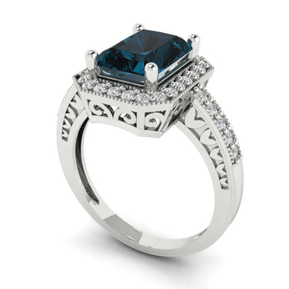 2.78 cttw Natural London Blue Topaz Hidden Halo Engagement Ring - Solid White Gold (VVS1, Emerald Cut,8.5x6.5mm)