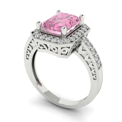 2.78 cttw Zirconia Simulated Pink Diamond Hidden Halo Engagement Ring - Solid White Gold (VVS1, Emerald Cut,8.5x6.5mm)