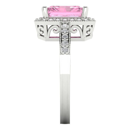 2.78 cttw Zirconia Simulated Pink Diamond Hidden Halo Engagement Ring - Solid White Gold (VVS1, Emerald Cut,8.5x6.5mm)