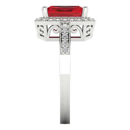 2.78 cttw Simulated Ruby Hidden Halo Engagement Ring - Solid White Gold (VVS1, Emerald Cut,8.5x6.5mm)