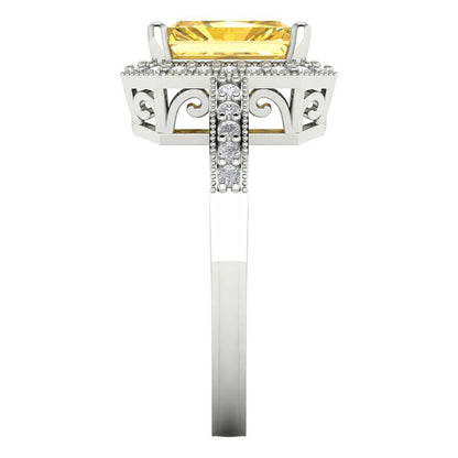 2.78 cttw Zirconia Simulated Yellow Diamond Hidden Halo Engagement Ring - Solid White Gold (VVS1, Emerald Cut,8.5x6.5mm)
