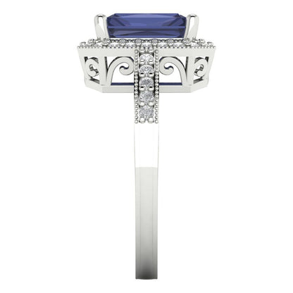 2.78 cttw Simulated Blue Sapphire Hidden Halo Engagement Ring - Solid Gold (Emerald Cut,8.5x6.5mm)