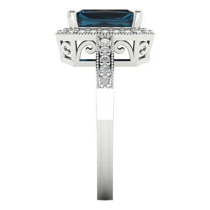 2.78 cttw Natural London Blue Topaz Hidden Halo Engagement Ring - Solid White Gold (VVS1, Emerald Cut,8.5x6.5mm)