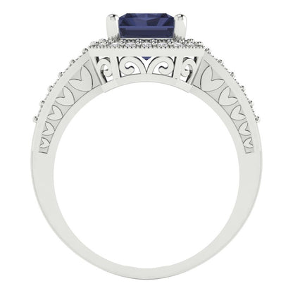 2.78 cttw Simulated Blue Sapphire Hidden Halo Engagement Ring - Solid Gold (Emerald Cut,8.5x6.5mm)