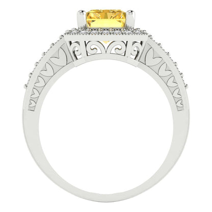 2.78 cttw Zirconia Simulated Yellow Diamond Hidden Halo Engagement Ring - Solid White Gold (VVS1, Emerald Cut,8.5x6.5mm)