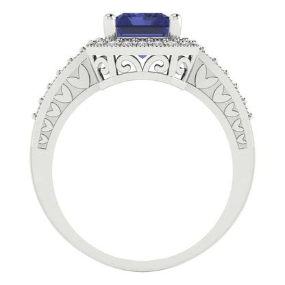 2.78 cttw Simulated Tanzanite Hidden Halo Engagement Ring - Solid Gold (Emerald Cut,8.5x6.5mm)