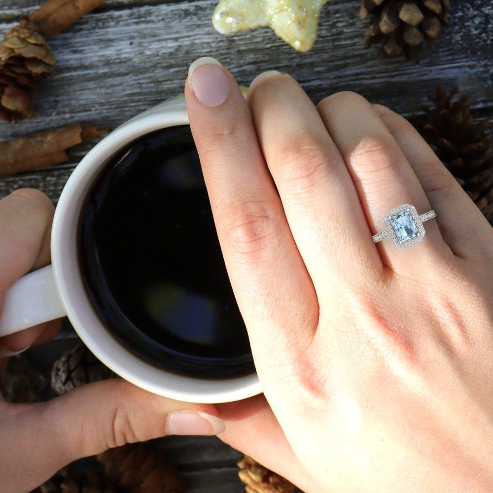 2.78 cttw Zirconia Simulated Blue Diamond Hidden Halo Engagement Ring - Solid White Gold (VVS1, Emerald Cut,8.5x6.5mm)