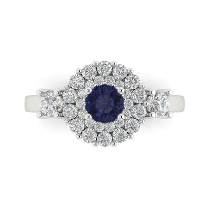 1.4 cttw Simulated Blue Sapphire Hidden Halo Engagement Ring - Solid Gold (Round Cut,5.0mm)