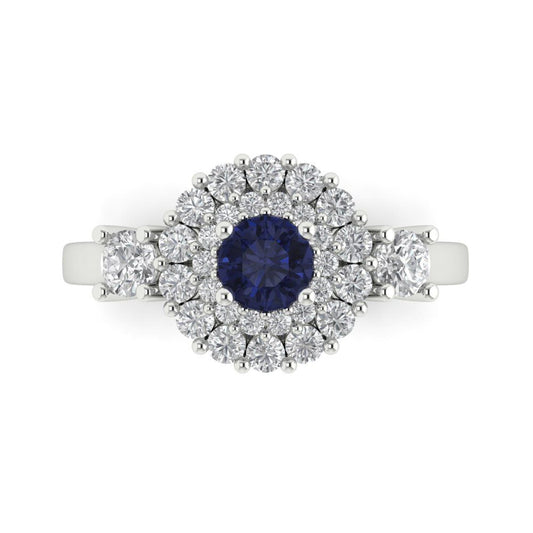 1.4 cttw Simulated Blue Sapphire Hidden Halo Engagement Ring - Solid White Gold (VVS1, Round Cut,5.0mm)
