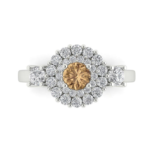 1.4 cttw Zirconia Simulated Champagne Diamond Hidden Halo Engagement Ring - Solid White Gold (VVS1, Round Cut,5.0mm)
