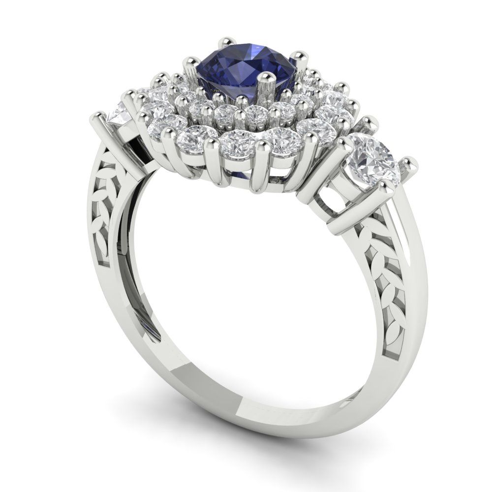1.4 cttw Simulated Blue Sapphire Hidden Halo Engagement Ring - Solid Gold (Round Cut,5.0mm)