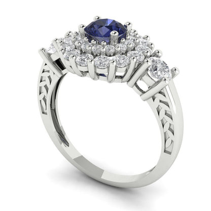 1.4 cttw Simulated Blue Sapphire Hidden Halo Engagement Ring - Solid Gold (Round Cut,5.0mm)