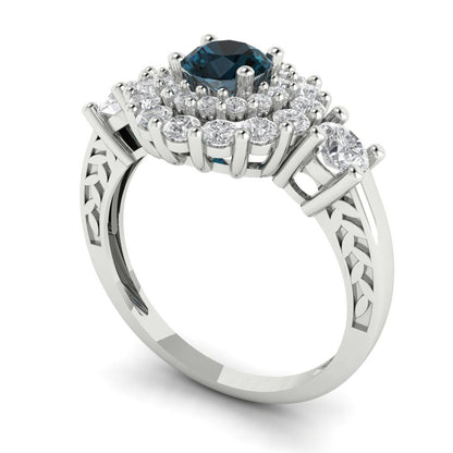 1.4 cttw Natural London Blue Topaz Hidden Halo Engagement Ring - Solid Gold (Round Cut,5.0mm)