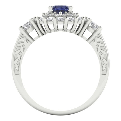 1.4 cttw Simulated Blue Sapphire Hidden Halo Engagement Ring - Solid Gold (Round Cut,5.0mm)