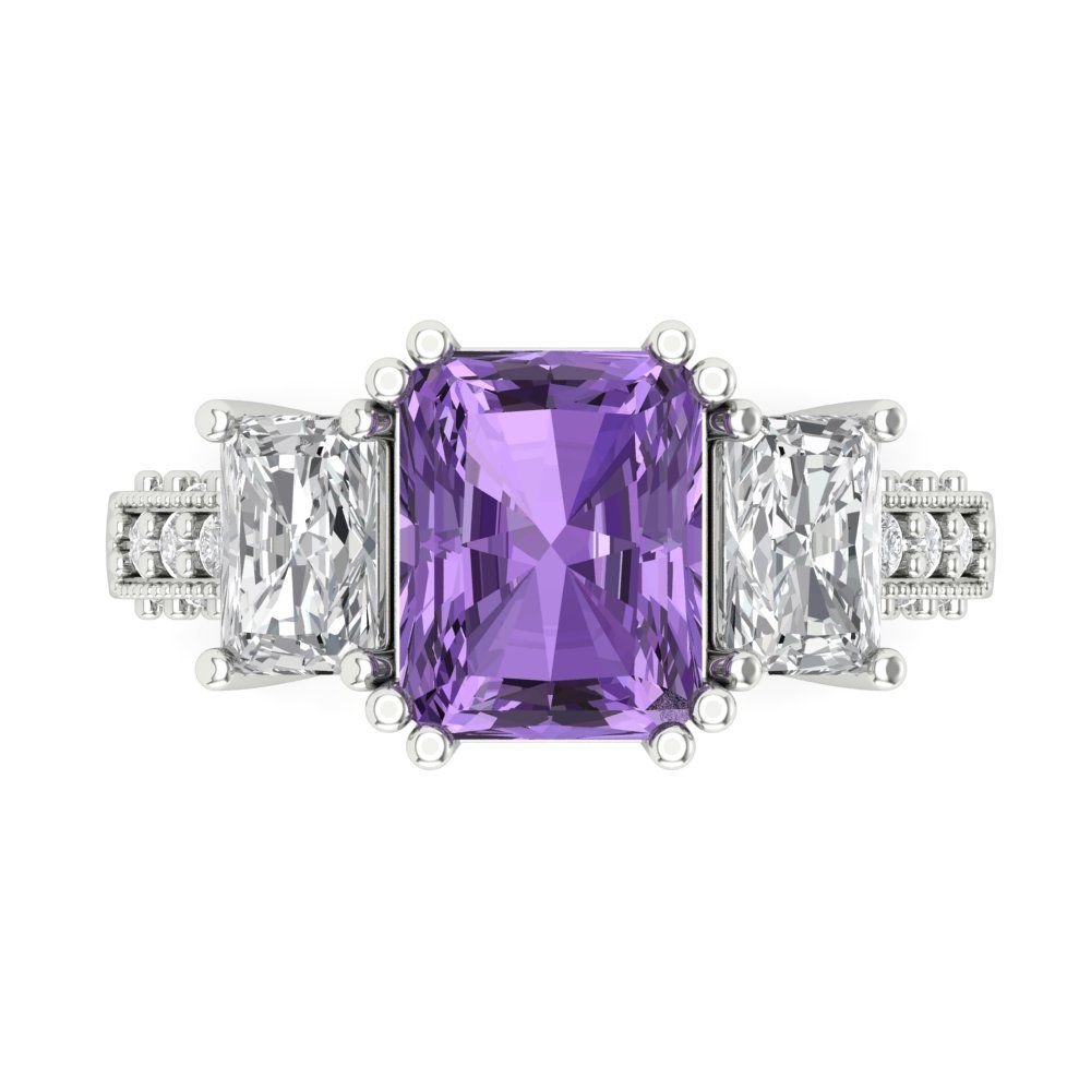 4.27 cttw Simulated Alexandrite Three-Stone Engagement Ring - Solid Gold (Emerald Cut,9x7mm)