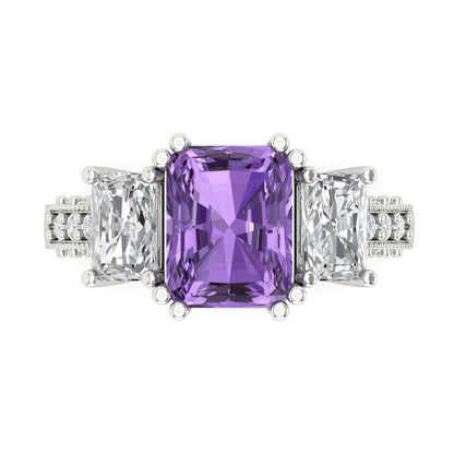 4.27 cttw Simulated Alexandrite Three-Stone Engagement Ring - Solid Gold (Emerald Cut,9x7mm)