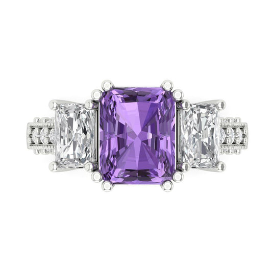 4.27 cttw Simulated Alexandrite Three-Stone Engagement Ring - Solid White Gold (VVS1, Emerald Cut,9x7mm)