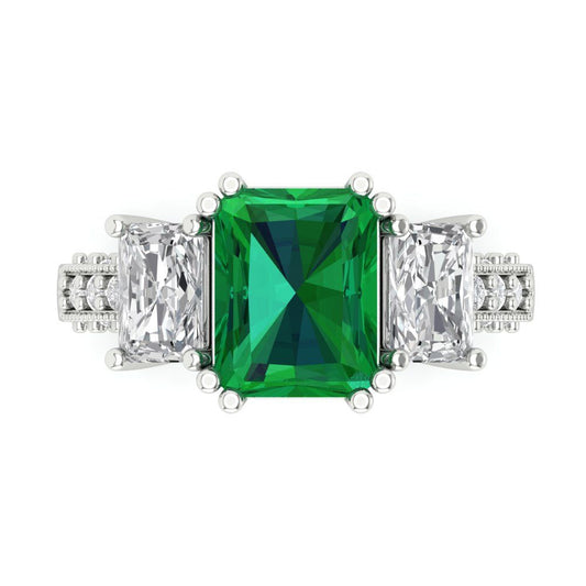 4.27 cttw Simulated Emerald Three-Stone Engagement Ring - Solid White Gold (VVS1, Emerald Cut,9x7mm)