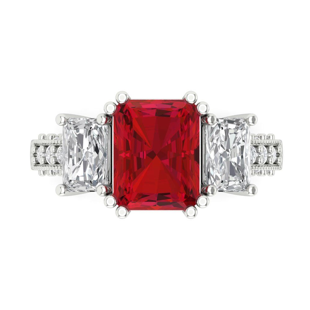 4.27 cttw Simulated Ruby Three-Stone Engagement Ring - Solid Gold (Emerald Cut,9x7mm)