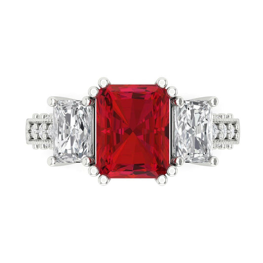 4.27 cttw Simulated Ruby Three-Stone Engagement Ring - Solid White Gold (VVS1, Emerald Cut,9x7mm)